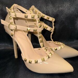 Wild Diva Nude Patent Studded T-Strap Stiletto Pumps